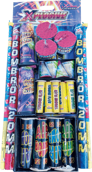 Xplosive Fyrverkeripaket - blandade markpjäser och luftgående pjäser.